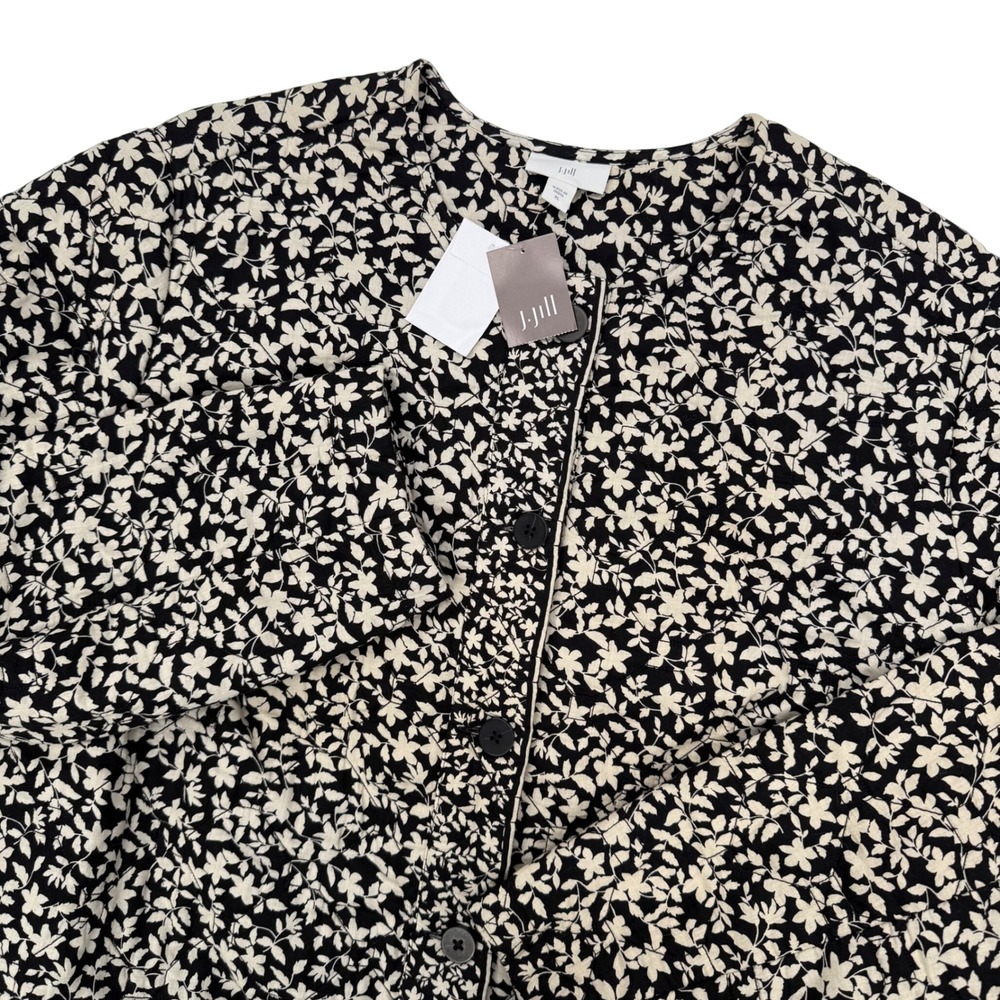 J Jill Micro Floral Black White Garden Quilted Button Front Jacket Womens XL NEW
